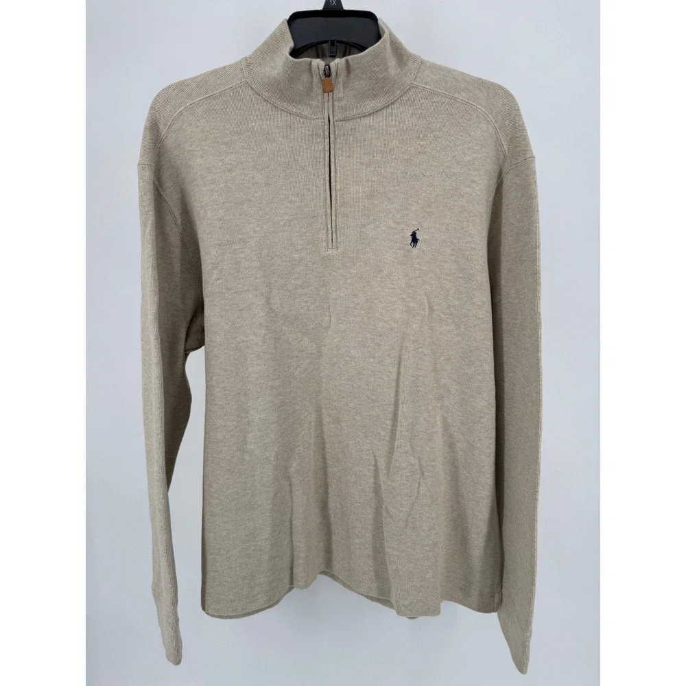 Polo Ralph Lauren Quarter Zip‎ Pullover Sweater XL Mens Beige Oatmeal Cotton